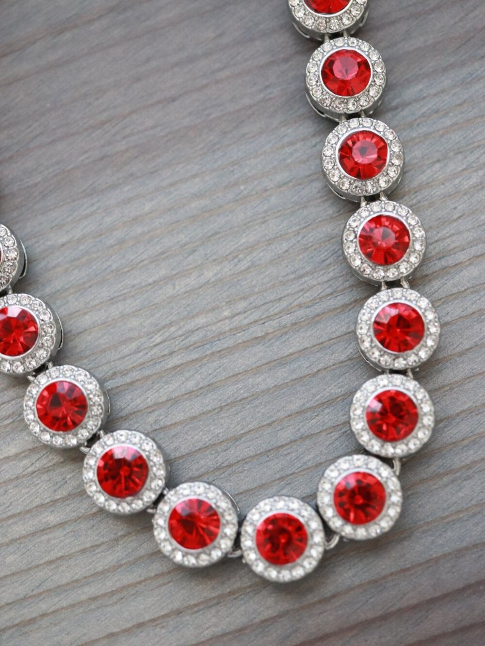 Red Round Halo Cluster CZ Diamond Tennis Style Necklace Silver Plated